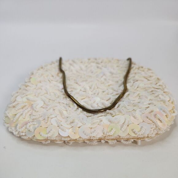 Vtg Handmade White Pearl Bead Sequin Clutch Evening Bag Gold Chain Clasp - Picture 10 of 16